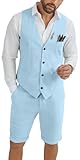 HUEZOE Mens Linen Suit Short Seersucker Suits for Men Beach Wedding Groomsmen Tuxedos Lightweight Linen Vest Shorts Light Blue X-Large