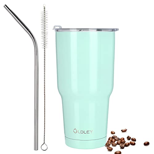 OLDLEY Isolierter Reisebecher mit Strohhalm und Keramik-gefütterter Beschichtung, 850 ml, Tee-Vakuum-Kaffeebecher mit Deckel und Bürste, Mintgrün Cover