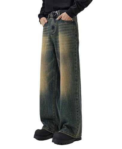 Men’S Vintage Distressed Jeans Mid Waist Straight Fit Denim Pants High Street Style Zipper Fly Jeans