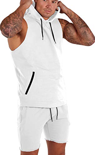 Mens Hooded Tank Top Drawstring Hoodie Comfortable Zipper Pocket Sleeveless Workout Shirt White S