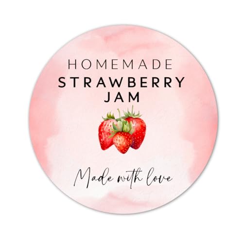 Homemade Strawberry Jam Labels - 2” Round Stickers for Home Canning Jars - Pack of 40