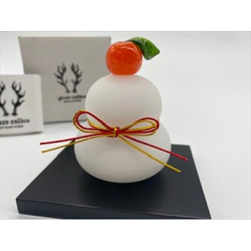 ガラスの鏡餅サンドブラスト加工[Sサイズ] お正月 鏡餅約7cm×約6cm 黒台9cm×7.5cm ハンドメイド 職人手作り 工芸品 伝統工房で作成 老舗 神奈川県 小田原市