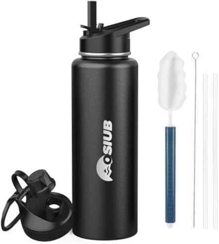 Insulated Water Bottle 40 oz, Triple Wall Vacuum Stainless Steel(Cold for 48 Hrs),Leak Proof & BPA-Free,Half Gallon Water Bottle with Reflective Paracord & Flip Straw for Sports & Travel, Black
