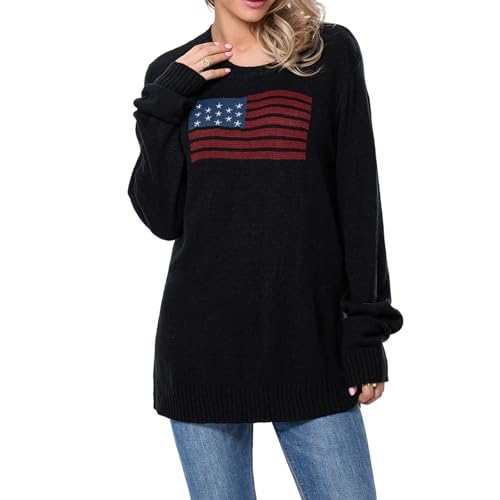 Image of Womens American Flag Sweater Long Sleeve Crew Neck Star Graphic Knit Pullover Tops Casual Loose USA Sweater