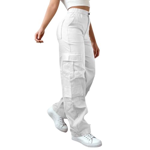 VOGFFR Baggy Cargo Pants Women,Cargo Pants Women Elastic High Waisted Pant Wide Leg Baggy Casual Trousers Hiking Streetwear Outfits with Pockets White