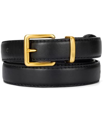 Alphyly Neries Fashion Leather Black Belt for Women, Width 1”, Women’s Belt for Jeans Dresses with Gold Buckle Size S