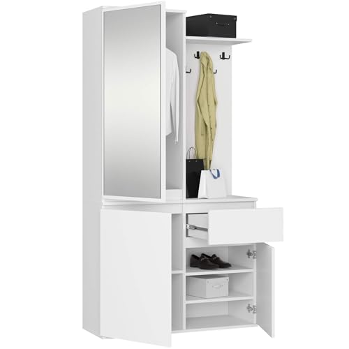 AKORD Set Guardaroba ENTRO 95 cm - Mobile Da Ingresso Moderno 3 Ante 1 Cassetto 7 Ripiani - Mobile Entrata Ingresso con Scarpiera e Appendiabiti - Arredo per Corridoi - Bianco