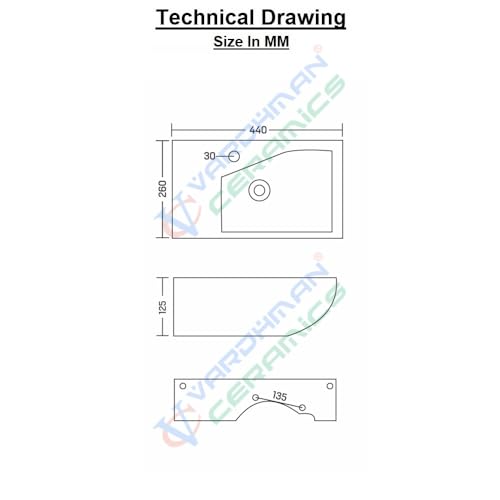 Image of Wash Basin Wall Hung Mounted Glossy Finish White Sink for Bathroom - (17 x 10 x 5 Inch)