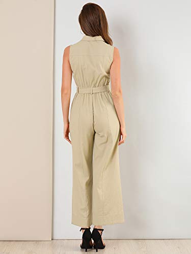 Allegra K Women's Button Down Collared Wide Leg Tie Jumpsuit Sleeveless Jumpsuits X-Small Khaki #TOP3