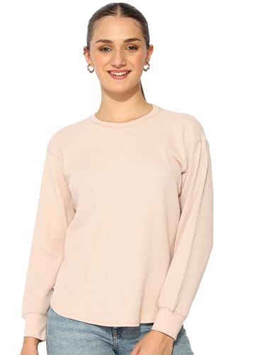 Image of Alan Jones Clothing Women's 100%Cotton Relaxed Fit Waffle Crew Neck Long Sleeve T-Shirt