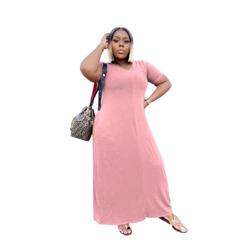 Image of TOPSRANI Womens Plus Size Maxi Dresses for Women Oversize Casual Short Sleeve V Neck Loose Plain Solid Trendy Summer Dress