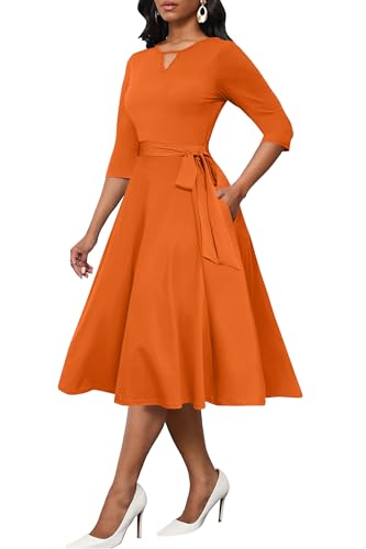 Image of CLOCOR Midi Dresses for Women Casual A-Line Fit and Flare Dress Crewneck 3 /4 Sleeve Keyhole Cocktail Party Church Dress