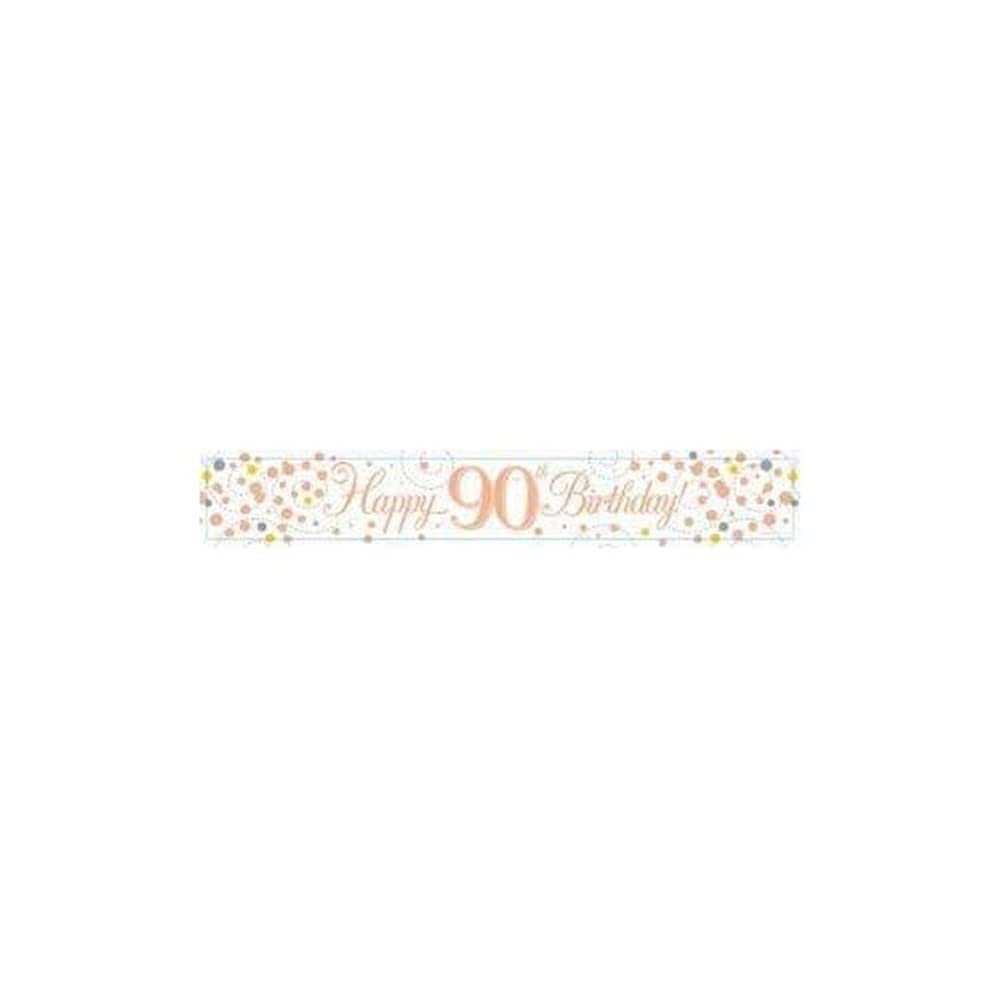9ft Banner Sparkling Fizz 90th Birthday White & Rose Gold Holographic