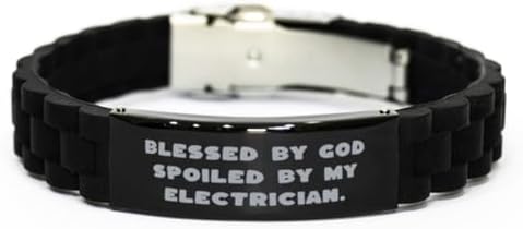 Brilliant Electrician Gifts, Blessed by, Cute Black Glidelock Clasp Bracelet For Colleagues, Engraved Bracelet From Colleagues, Birthday, Gift ideas, Tools, Workwear, Safety gear image 2