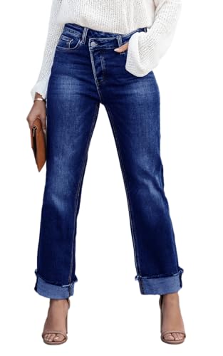 Cicy Bell Womens High Waisted Crossover Jeans 2024 Straight Leg Stretch Casual Cuffed Denim Pants