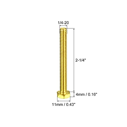 Image of uxcell Brass Hex Bolts, 1 /4-20x2-1 /4 2pcs Fully Thread Grade 4.8 Solid Brass Hexagon Head Bolt Machine Screws for Machinery