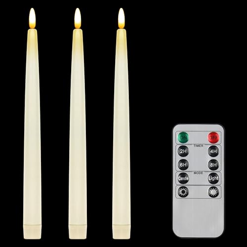 Image of CVHOMEDECO. Flameless Taper Candles with 10-Key Remote, Battery Operated Led Flickering 3D Wick Window Candles Real Wax Finished Home Christmas Party Decor 0.78 x 11 Inch, Pack of 3, Ivory