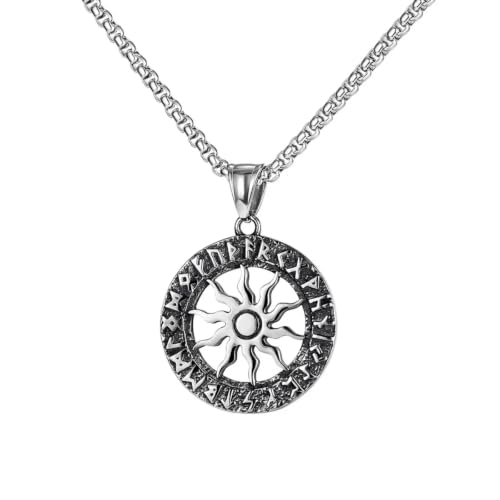 Collier Apollon gravé de runes nordiques, bijou vintage aux finitions patinées haut de gamme