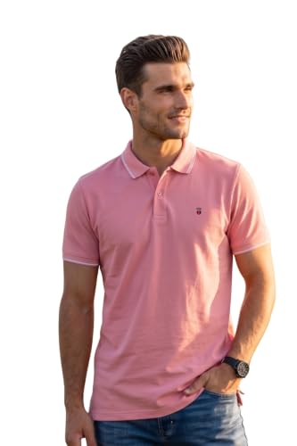 Image of Louis Philippe Men's Slim Fit Single-Tuck Pique Stylized Sleeve Print and Contrast Tipping Half Sleeve Solid Polo Tshirt