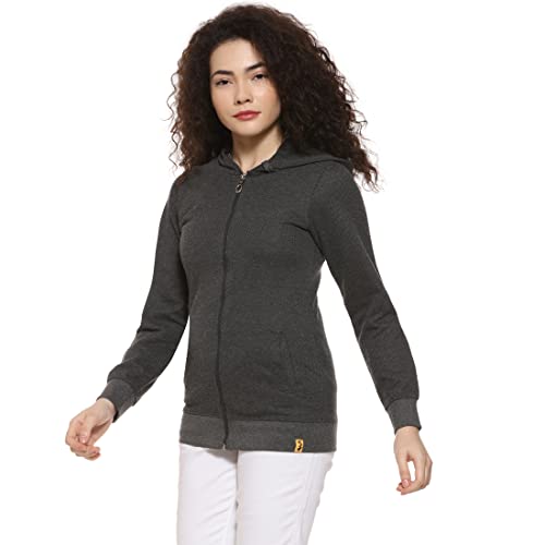 Image of PINACOLADA Women's Grey Zip-Front Horizontal Striped Hoodie for Casual Wear | Hooded Neck | Long Sleeve | Zipper Closure | Cotton Sweatshirt Crafted with Comfort Fit for Everyday Wear