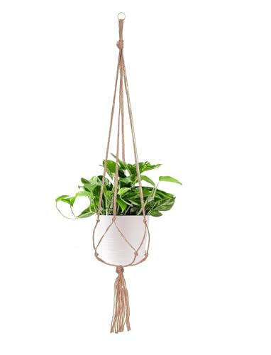 Portavasi da Appendere Interno Esterno Con Anello in Corda Juta e Cotone - Fioriere Sospese per Soffitto (95 cm, Marrone)