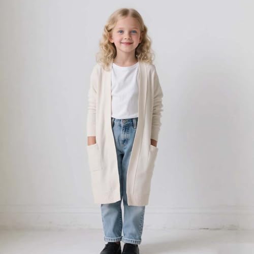 Girls Long Cardigan Sweaters with Pockets Open Front Long Sleeve Knitted Sweater Jacket Coats for Kids 3-11 Years3