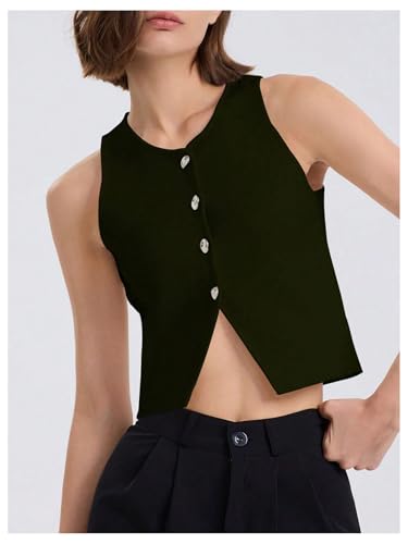 Image of SHENHE Women's Knit Vest Top Button Up Sleeveless Crew Neck Cropped Sweater Vest Tank Dark Green Medium
