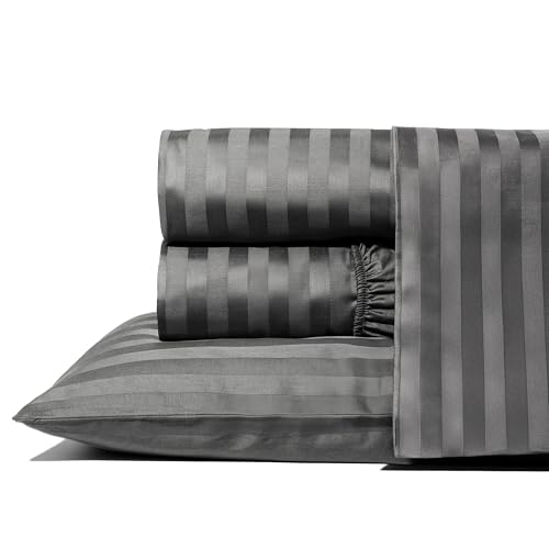 Image of THREAD SPREAD Full Size Bed Sheets, Luxury 1000 Series Paradise Collection 100% Egyptian Cotton Damask Striped Sheets Full Size Set (4 PC, Dark Grey Stripe), Soft 16 inch Deep Pocket Hotel Sheet Set