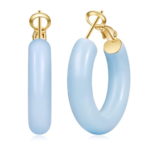 PABBEU 14K Gold Hoop Earrings for Women, Hypoallergenic Hollow Tube Red Yellow Off-white Blue Pink Green Hoop Earrings for Women Lightweight Colorful Chunky Gold Hoops Gifts 30MM