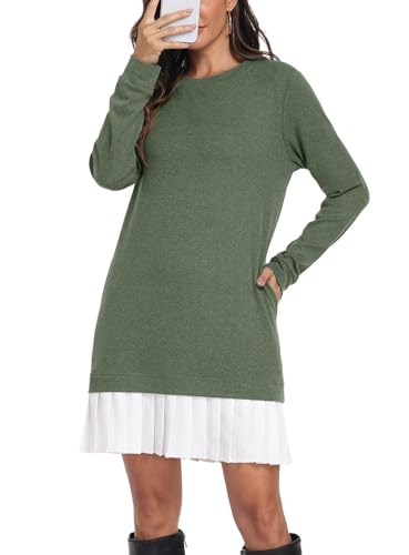 PrinStory Sweatkleid Damen Langarm Herbst Kleider Damen Rundhals Langarm Pulloverkleid Mit Taschen Elegant Warm Winterkleid (Grün, L)