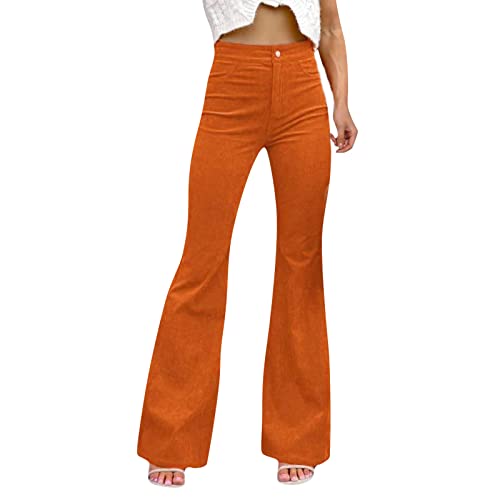 Pantalones de vestir a cuadros para mujer, de negocios, informales, de pana, acampanados, con cintura elástica, pantalones de playa transparentes, naranja, M