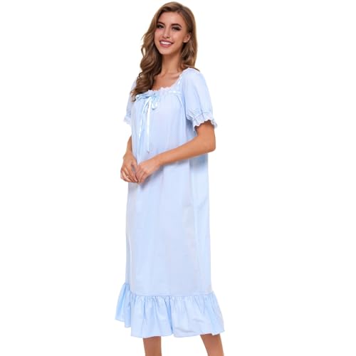 Image of Lu's Chic Women's Victorian Nightgown Cotton Sleepwear Long Loungewear Short Sleeve Soft Nightwear Night Dress Sleep Calf Length Ruffle Nightdress Scoop Neck Lace Solid Blue X-Large