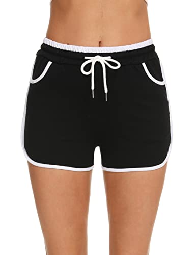 Hyppry Short de sport pour femme - Short de course à pied - En coton décontracté - Taille haute - Avec poches - Rayé - Pour le cyclisme - Jogging, c-noir, S Cover