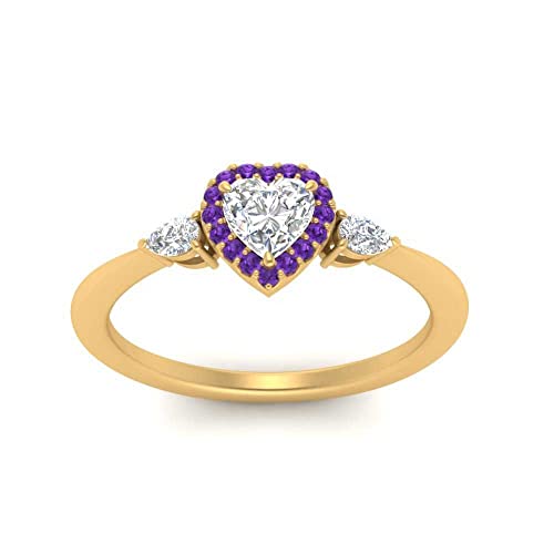 Image of 55Carat Choose Your Gemstone Halo Pear Accent Diamond CZ Ring Yellow Gold Plated Heart Shape Petite Engagement Rings Everyday Jewelry Wedding Jewelry Handmade Gifts for Wife US Size 4 to 12