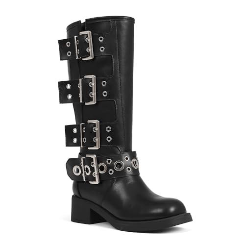 Image of AMINUGAL Knee High Boots Women Square Toe Pull On Wide Calf Riding Fashion Buckles Chunky Metallic Casual Vintage Buckle Rivet