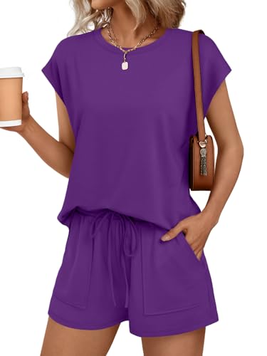 Image of AUTOMET Womens Crew Neck Two Piece Short Sets Cap Sleeve Drawstring Summer Sweatsuit with Pocket