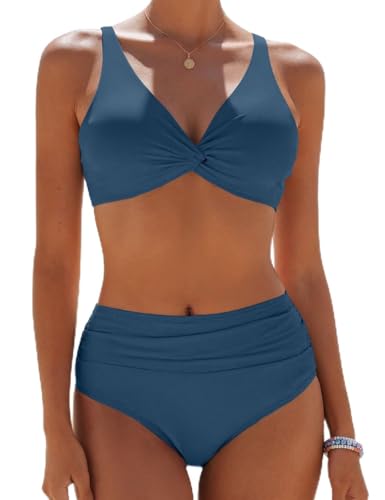 Yutdeng Traje de Baño para Mujer Sexy Cuello en V Cruzado Bikinis Control de Vientre Fruncido Conjunto de Bikini Mujer Dos Piezas Cintura Alta Bañador Push Up Relleno Bañadores Ajustable Playa Piscina