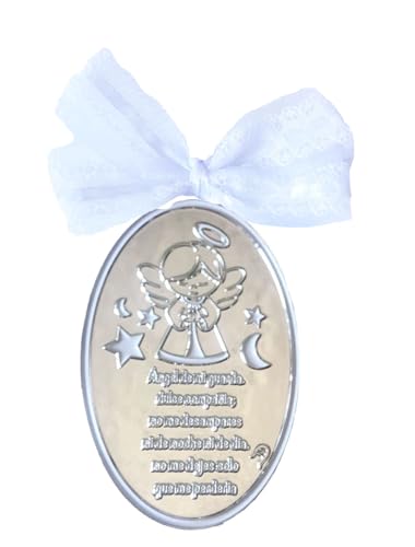 DOCOLASTRA Medallon de Cuna o Cochecito de Ángel de la Guarda con Inscripción de Preciosa Oración. Personalizable con Datos de Bautizo o Nacimiento (Mod. 1 BLANCO)