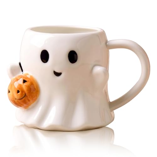 Halloween Tasse Süße Kürbis Tasse Geister Förmige Kaffeetasse Keramik Ghostface Tassen Weihnachten Kürbistasse Coffee Mug Geschenk für Halloween Weihnachten Geburtstag 600ml (Weiß)