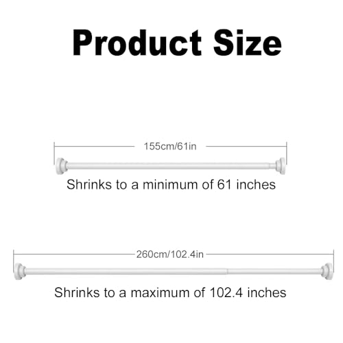 Extendable Shower Curtain Pole 98-290cm(38"-114") Stainless Steel No Drill Curtain Pole,Kongming Door Shower Curtain Rail Tension Rod,Non-Slip,Never Rust for Wardrobe Curtain Kitchen(White) - Image 2