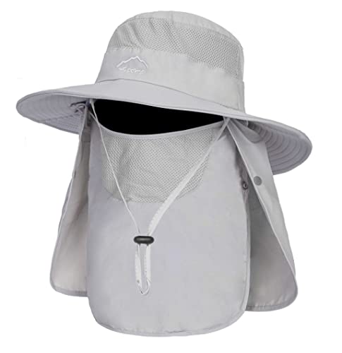 Fishing Hat For Men, Outdoor 3 In 1 Sun Hat Summer Wide Brim Safari Hat Boonie Hat With Neck Flap Light Grey #TOP18