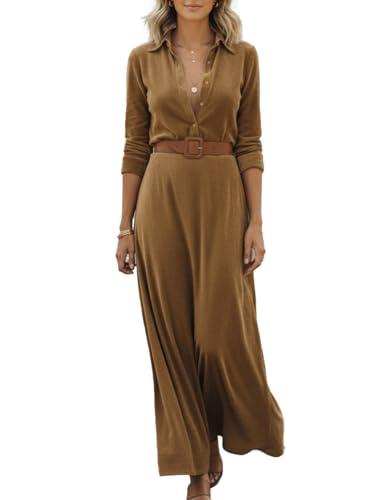Connomax Women's Brown Suede Lapel Maxi Dress with Belt,Single-Breasted Long