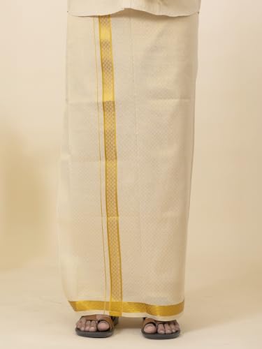 Image of RAMRAJ COTTON Men Gold Tissue Jacquard Full Sleeves Shirt with Matching Dhoti Set