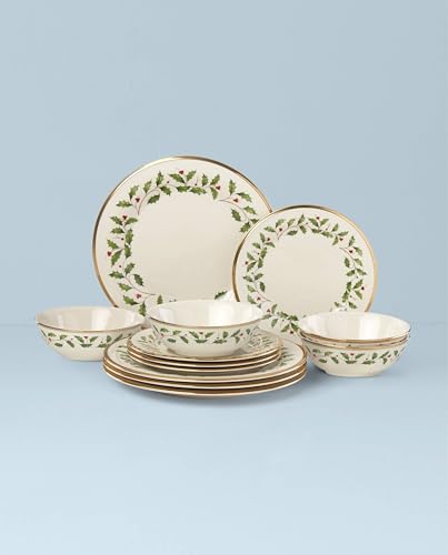 Image of Lenox 893172 Holiday 12-Piece Plate and Bowl Set, Christmas Dinnerware, Hosting