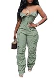 LKOUS Fall Green Off Shoulder Tube Jumpsuits for Women Dressy Cargo Multi Pockets one Piece overalls Plus Size