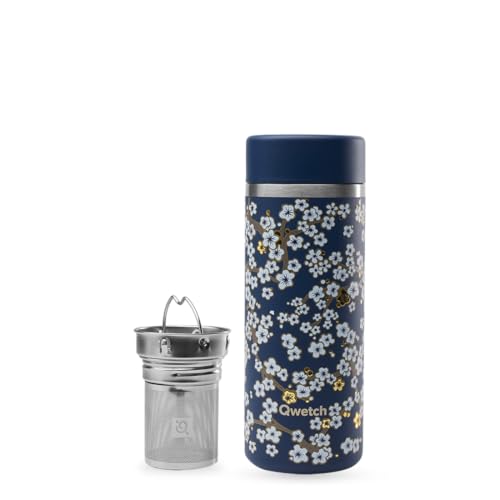 Qwetch - Théière Isotherme Nomade 400ml - Infuseur avec 2 Filtres - 12h Chaud / 24h Froid - Étanche, Réutilisable &amp; Durable - Pour Thé, Café, Tisane, Fruits (Flowers Bleu Nuit)