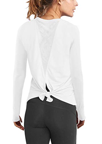 Mippo Long Sleeve Workout Shirts for Women Open Back Yoga Tops Sports Gym Clothes Fashion 2020 Activewear Mesh Tie Back Athletic Shirt with Thumb Hole Fitness Active Tank Tops White M