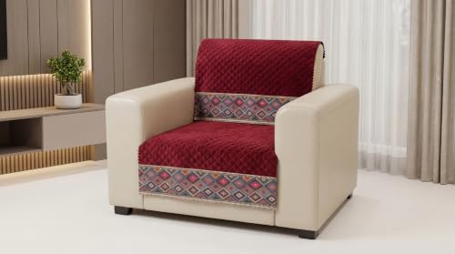 Image of KINGLY Sofa Cover 5 Seater 3+1+1 Velvet Full Cover - Maroon | Fully covered quilted velvet slipcover, washable anti-slip thick furniture protector for 3+1+1 living room sofa