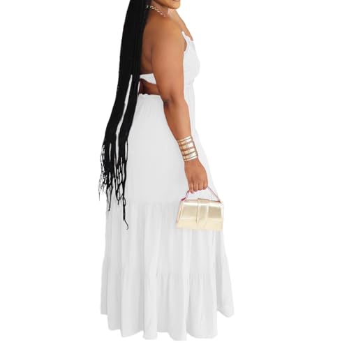 Image of TOPSRANI Womens Sleeveless Maxi Dress Halter Casual Backless Smocked Tiered Ruffle Flowy Sexy Slip Sling Strap Dresses