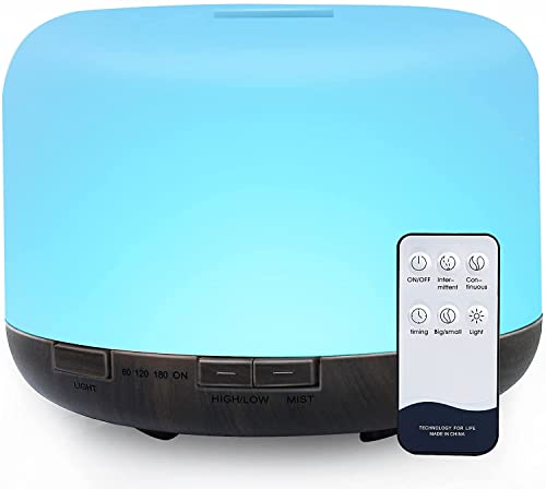 Difusor de Aceites Esenciales , 500ML Humidificador Aceites Esenciales Ultrasónico Sin BPA con Control Remoto y Luz LED de 7 Colores - Apagado Automático Sin Agua Cover